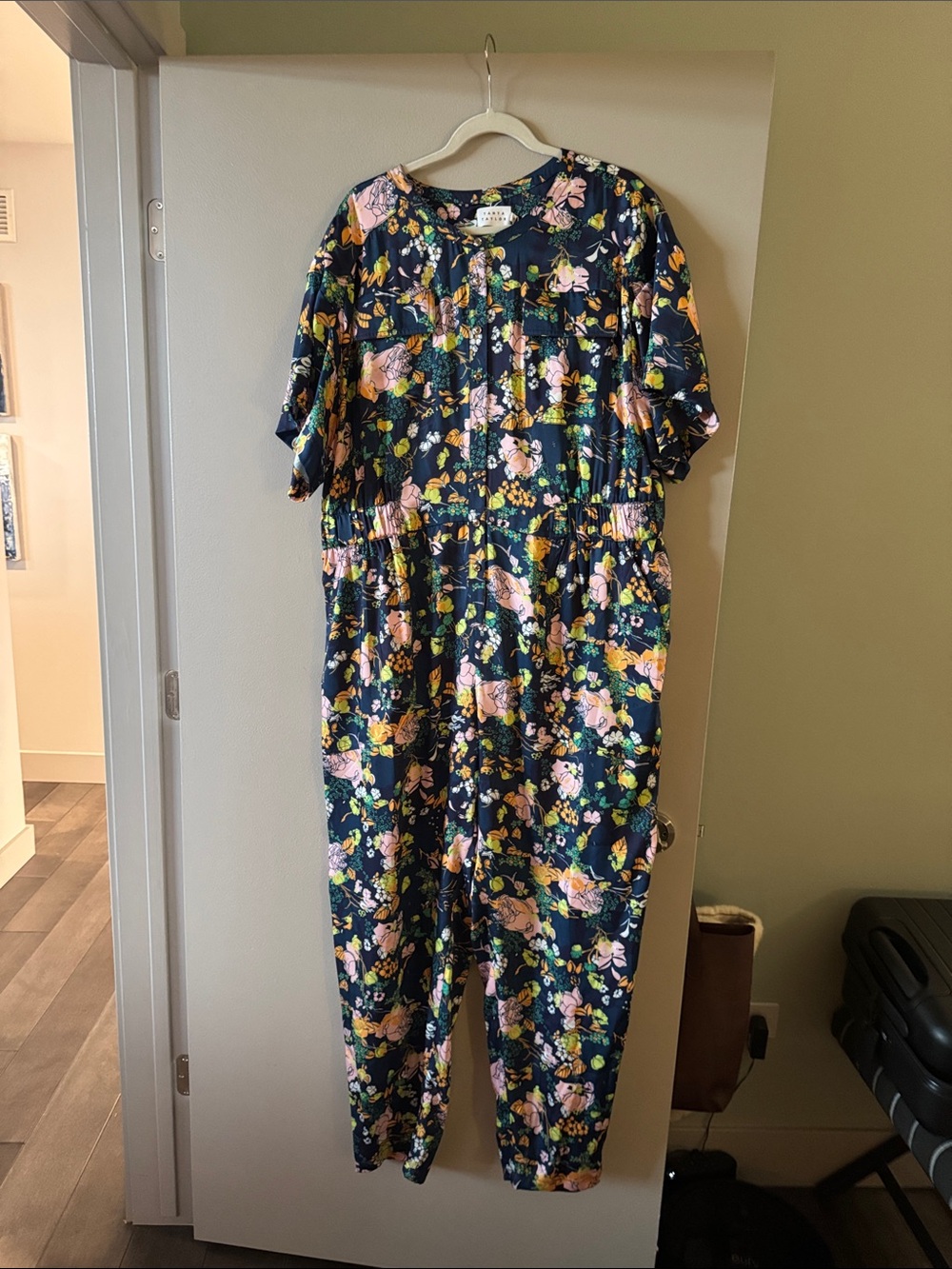 Tanya Taylor Navy Floral Jumpsuit with Pink & Yellow Flowers